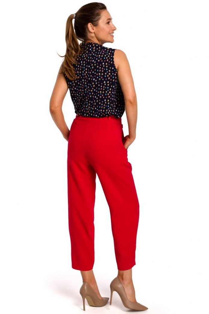 Spodnie Damskie - Z Wysokim Stanem i Kieszeniami - czerwone